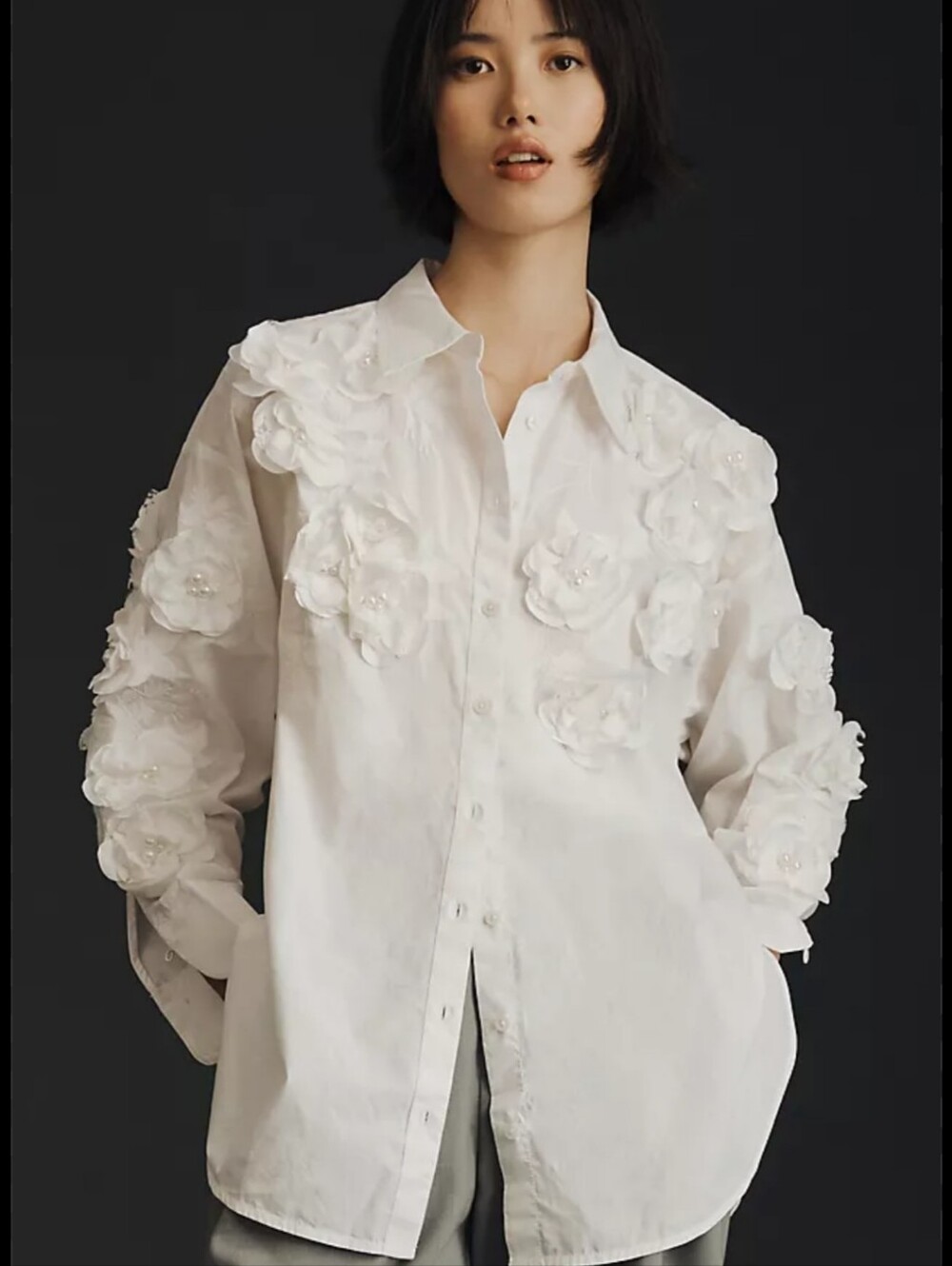 Maeve By Anthropologie White 3D Floral Appliqué Button-Down Shirt